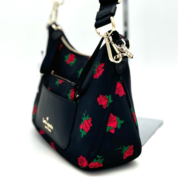 Kate Spade Chelsea Rose Toss Crossbody Bag & Coin Purse Black Multi Rose - Picture 4 of 12